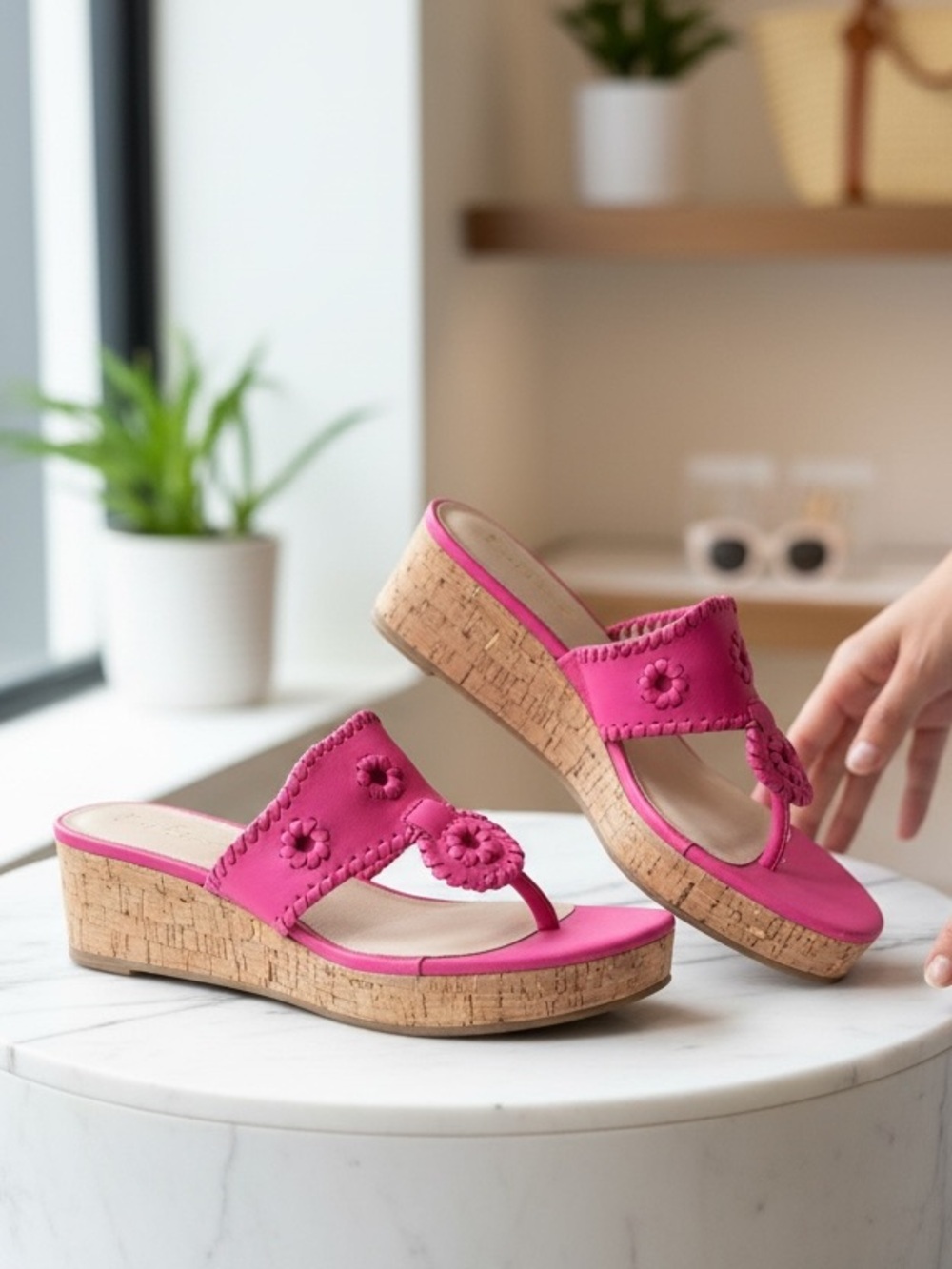 Jack Rogers Fuchsia Pink Leather Cork Mid Wedge Sandals - Women's Size 9